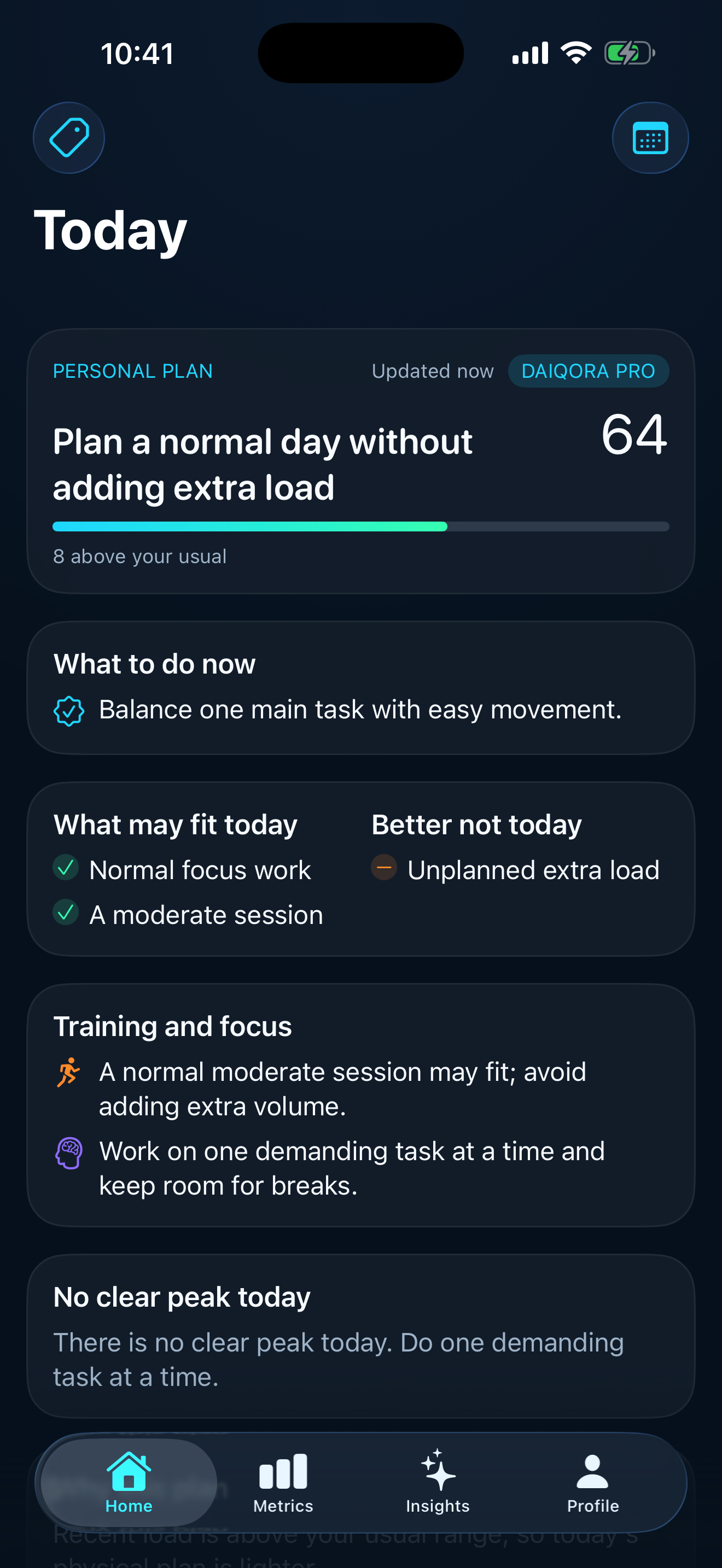 The full Today plan shown directly on Daiqora Home